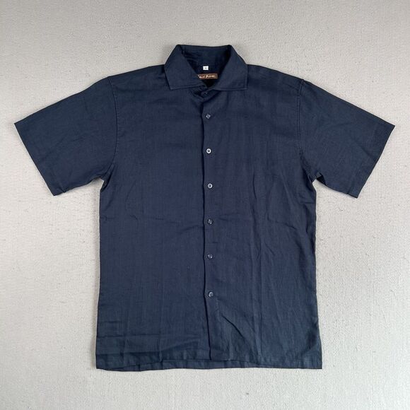 Island Importer Shirt Mens M Blue Linen‎ Short Sleeve Cutaway Collar Button Up - Picture 1 of 11